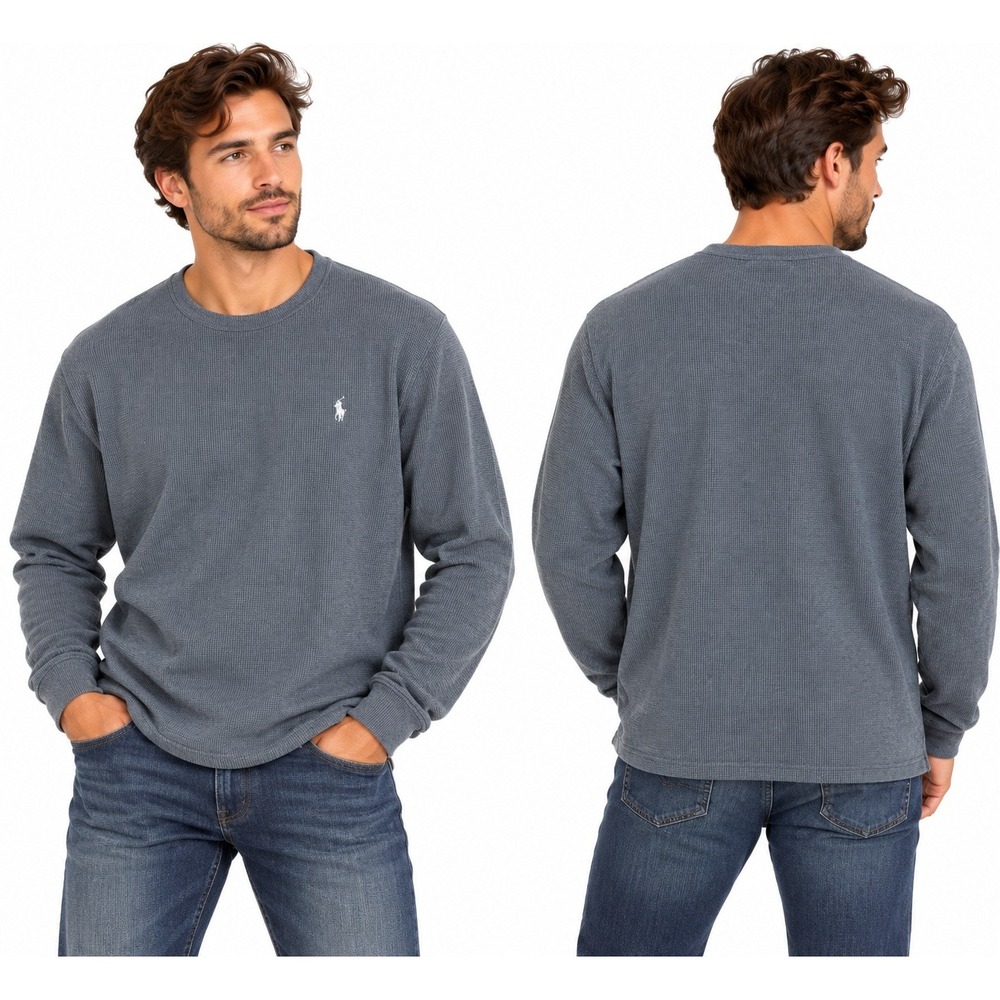 Polo Ralph Lauren Thermal Shirt Men 2XL Gray Waffle Knit Cotton Pony Long Sleeve